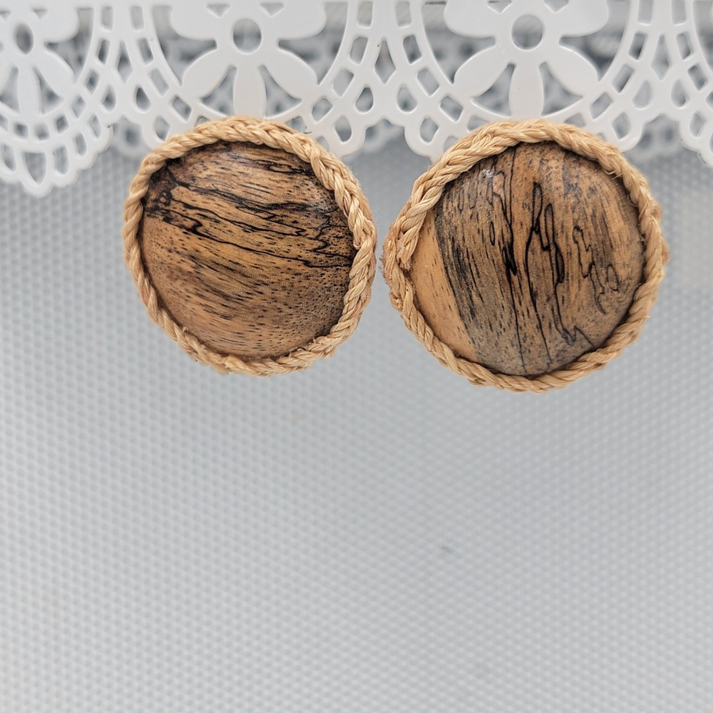 Artisan Vintage 80s Wood Grained Braided Woven Boho Natural Earrings